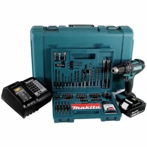 Makita DHP 482 SGK Akku Schlagbohrschrauber 18V 62Nm + 1x Akku 6,0Ah + Ladegerät + 100 Tlg. Bit Bohrer Set + Koffer 15